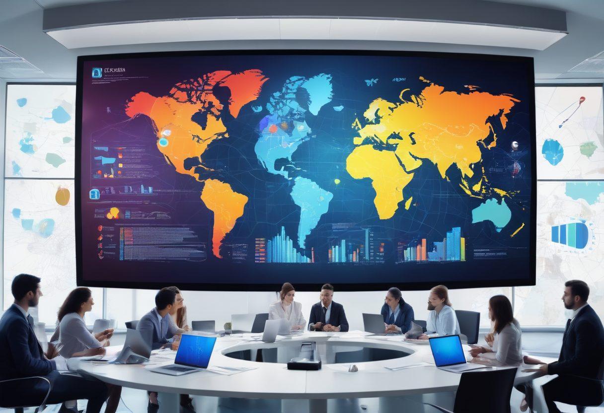 A dynamic meeting scene with diverse professionals brainstorming around a large table, surrounded by technological tools symbolizing collaboration. Infographics displaying partnership statistics scatter around, and a large screen shows a vibrant global map highlighting JTGP partnerships. Bright colors enhance the overall energy of the image. vector art. vibrant colors. modern design.