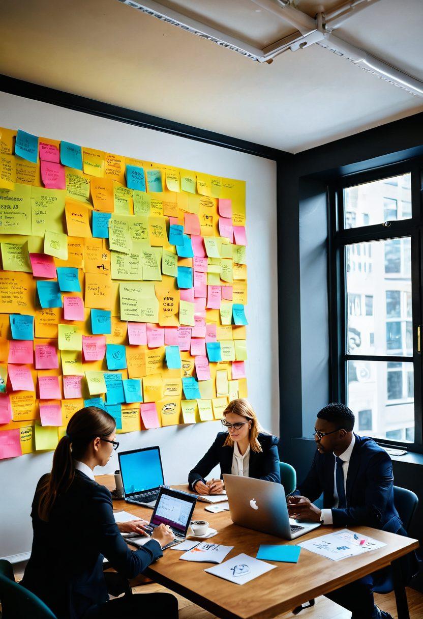 A dynamic workshop scene featuring diverse business professionals engaged in brainstorming sessions, with colorful sticky notes, laptops, and coffee cups scattered around. The background should depict a bright workspace filled with inspirational quotes and innovative charts on the walls. An open window allowing sunlight to pour in symbolizes enlightenment and growth. super-realistic. vibrant colors. bright atmosphere.