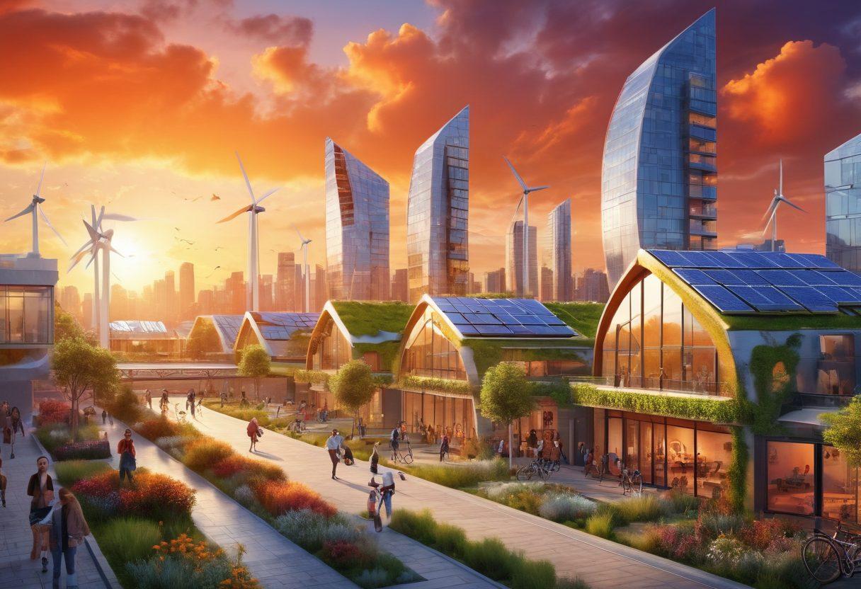 A futuristic city skyline showcasing sustainable architecture, with green rooftops, wind turbines, and solar panels integrated into everyday buildings. Include people engaging in innovative activities, such as cycling and working in community gardens, symbolizing growth and collaboration. The background features a vibrant sunset with warm hues, reflecting a hopeful future. super-realistic. vibrant colors. 3D.